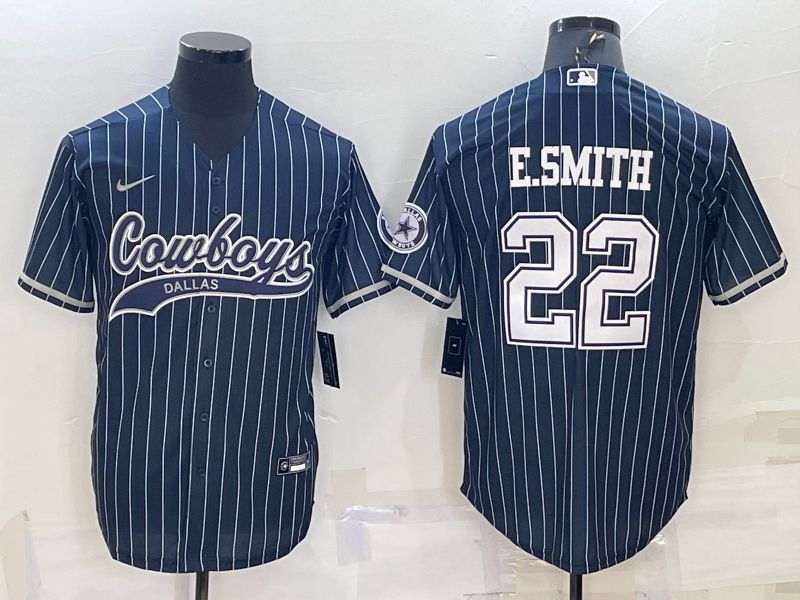 Men Dallas Cowboys 22 E.Smith Blue stripe 2022 Nike Co branded NFL Jersey